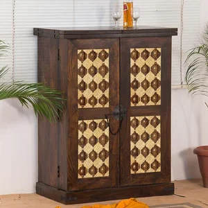 Stone Design Storing Handmade Teak Wood Bar Cabinet Stylish Look for Wine, Liquor, Glasses (Walnut Finish)