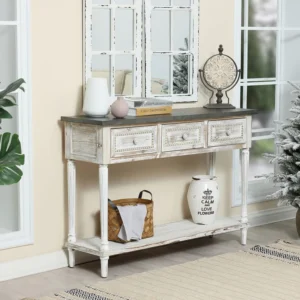 Sela Handmade Teak Wood Console Table Rack with 3 Drawers, 1 Bottom Shelf (Antique White Finish)