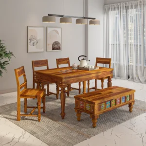 Reddish Handmade Teak Wood 6 Seater Rectangular Dining Table Set Elegant Solid Wood Dining for Kitchen and Dining Room