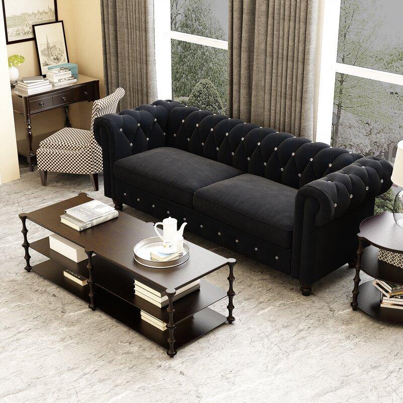 Graceful 3-Seater Velvet Fabric Button Tufted Rolled Arm Chesterfield Sofa ( Black )