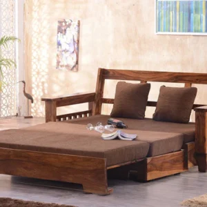 Solemn Handmade Teak Wood 3 Seater Sofa Cum Bed Convertible, Space-Saving