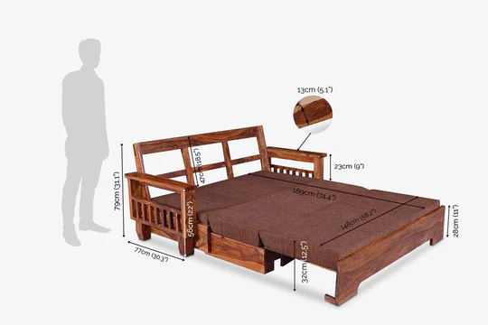 Solemn Handmade Teak Wood 3 Seater Sofa Cum Bed Convertible, Space-Saving - Image 6