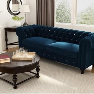 Graceful 3-Seater Velvet Fabric Button Tufted Rolled Arm Chesterfield Sofa ( Blue )