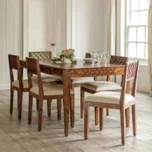 Natural Art & Crafts Designer Handmade Teak Wood 6 Seater Rectangular Dining Table Set Elegant Solid Wood Dining for Kitchen and Dining Room