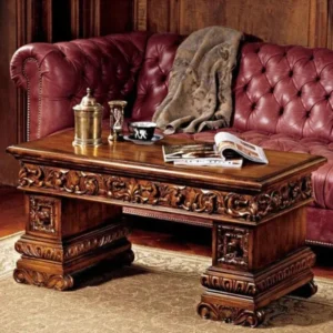 Natural Art & Crafts Trestle Handmade Carving Mahogany Finish Coffee Table