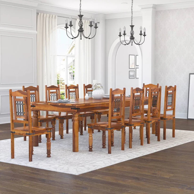 Spain forged Design Handmade Teak Wood 10 Seater Rectangular Dining Table Set Elegant Solid Wood Dining for Kitchen and Dining Room
