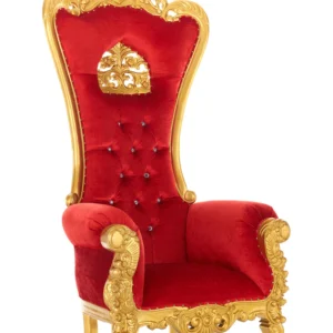 Crown Luxurious Hand Carved Button Tufted Teak Wood Velvet Fabric Back Design High Back Throne Chair ( Red )