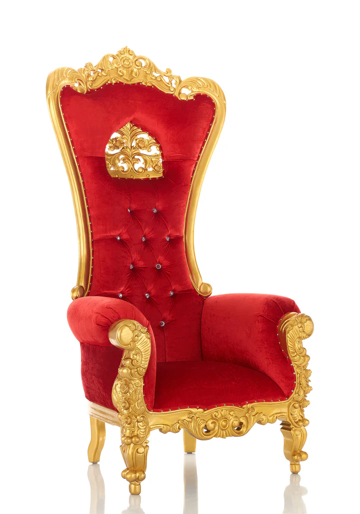 Crown Luxurious Hand Carved Button Tufted Teak Wood Velvet Fabric Back Design High Back Throne Chair ( Red )