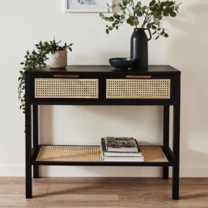 Meticulously Rattan Cane Teak Wood Console Table with 2 Drawers Storage Rack  for Living Room (Black Finish)