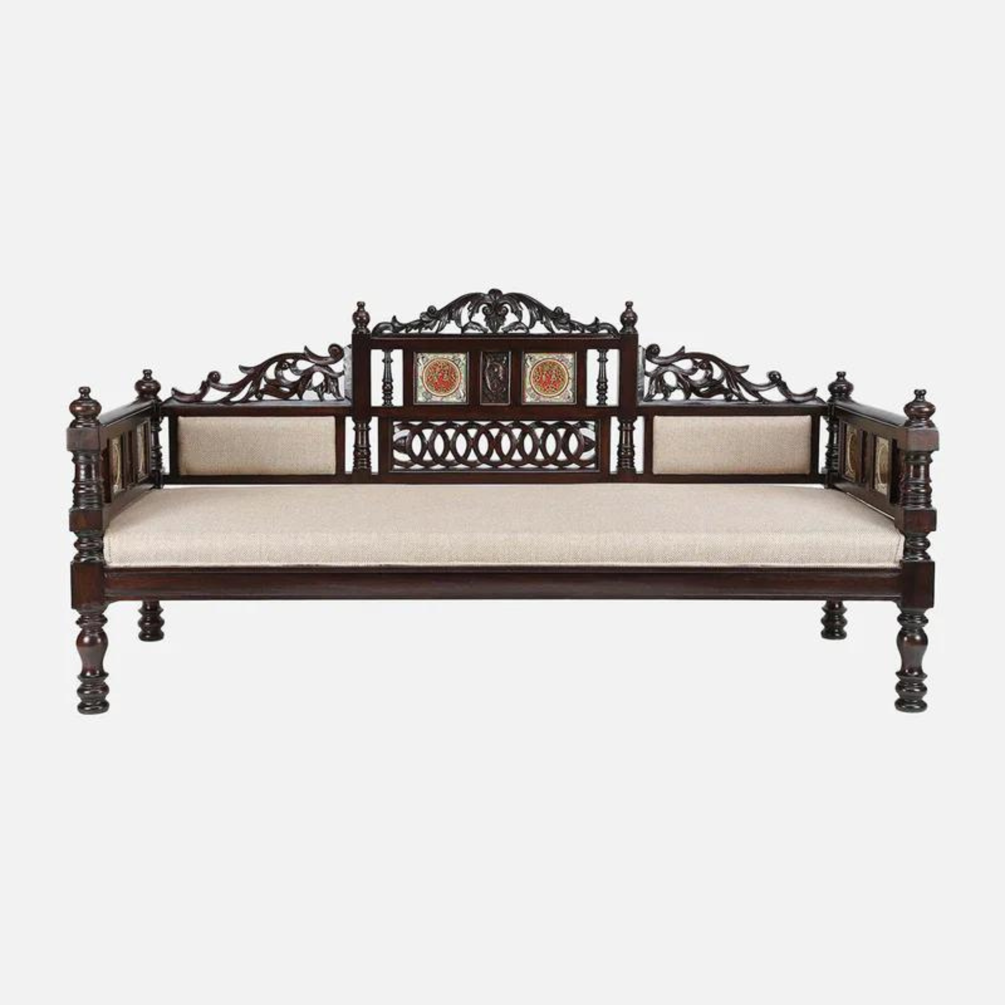 Natural Art & Crafts Maharaja Hand Carved Teak Wood 3 Seater Diwan Sofa Bed Rectangular Multi-Purpose Wooden Sofa for Living Room & Bedroom - Image 2