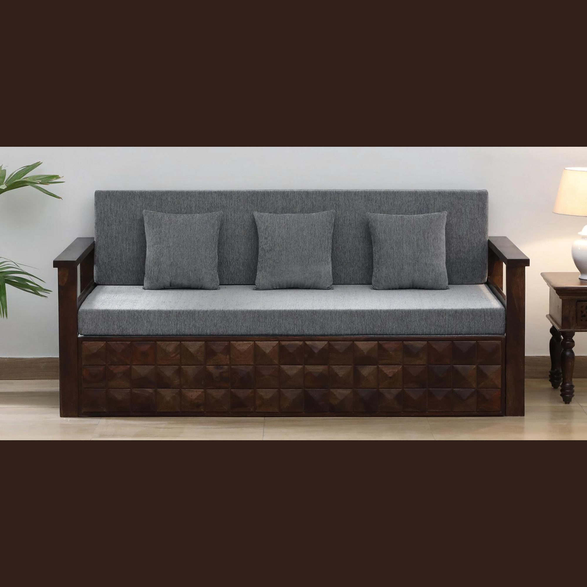 Strasbourg Handmade Teak Wood Pull-Out Sofa Cum Bed Walnut Finish