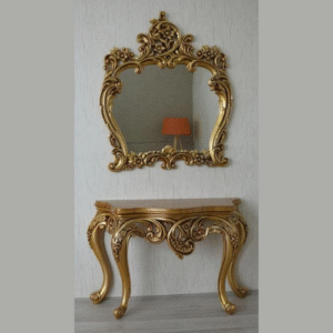 Hand Carved Antique Look Solid Teak Wood Console Table With Mirror ( Golden )