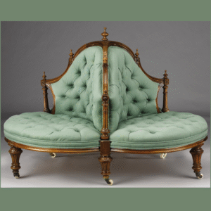 Victorian Roundabout Conversation Tufted Carved Teak Wood Sofa Chair