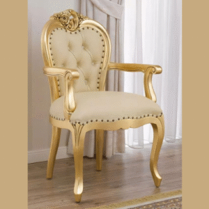Natural Art & Crafts Modern Hand Carved Baroque Glossy and Golden Leaf Faux Leather Crystal Sw Buttons Teak Wood Armchair