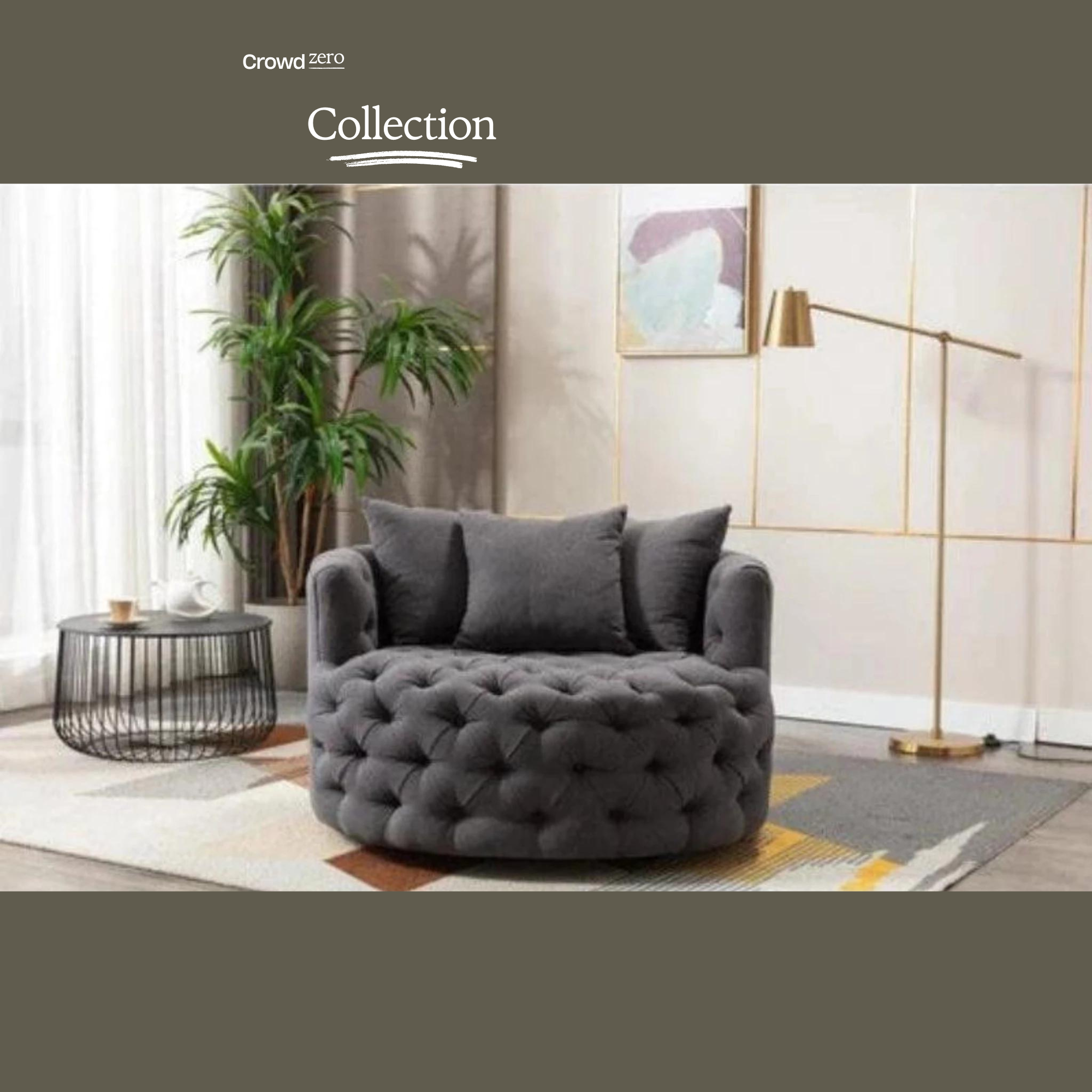 Barrel Button Tufted Design Modern Round Sofa For Living Room with 3 Pillows ( Dark Grey )