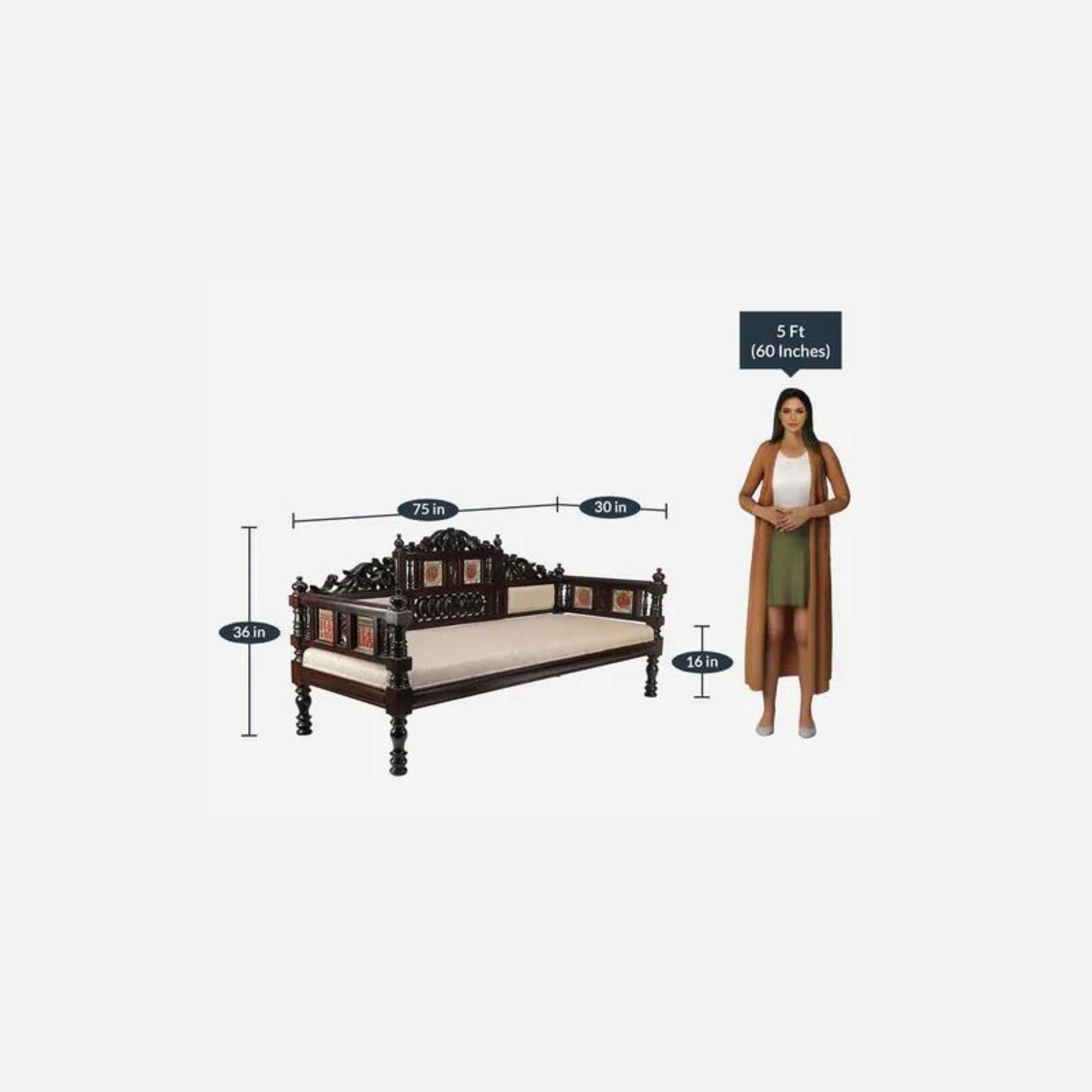 Natural Art & Crafts Maharaja Hand Carved Teak Wood 3 Seater Diwan Sofa Bed Rectangular Multi-Purpose Wooden Sofa for Living Room & Bedroom - Image 4