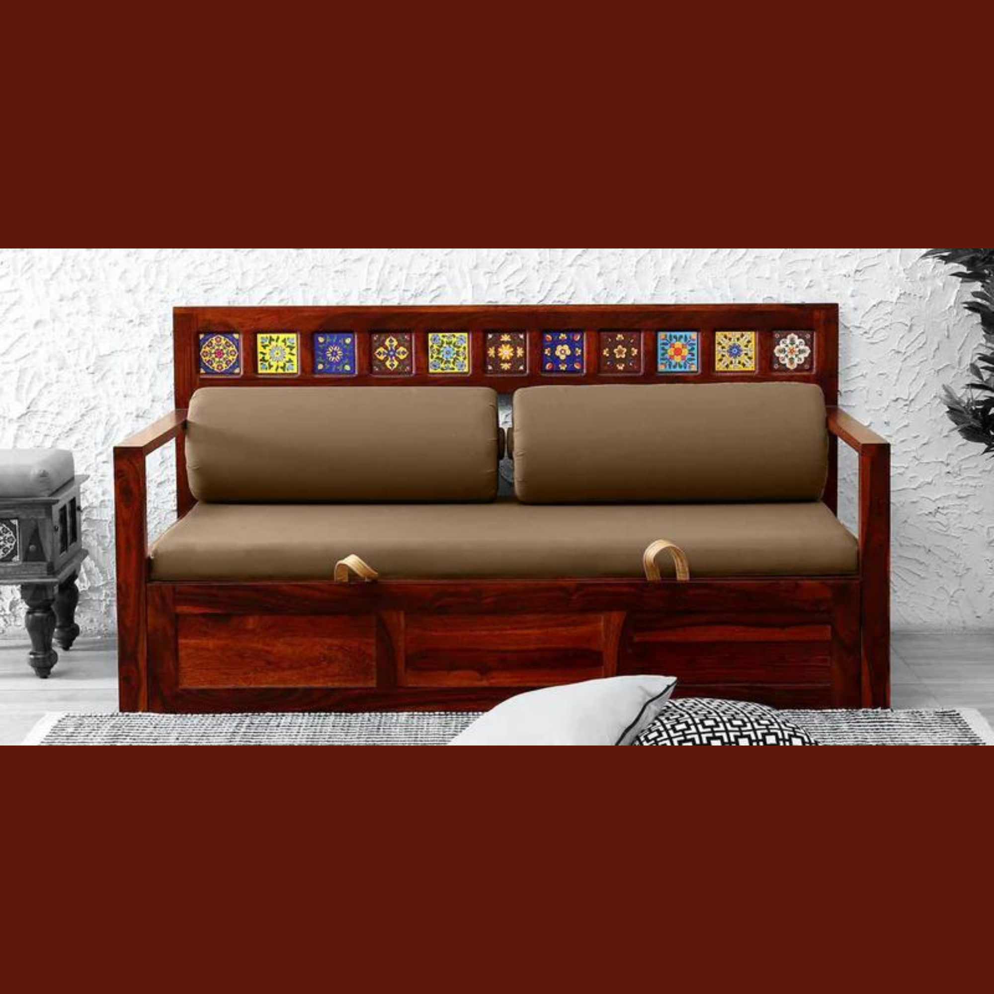 Heroic Handmade Teak Wood Pull Out  Sofa Cum Bed Honey Finish