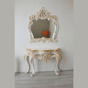 Natural Art & Crafts Hand Carved Antique Look Solid Teak Wood Console Table With Mirror ( Golden Leaf )