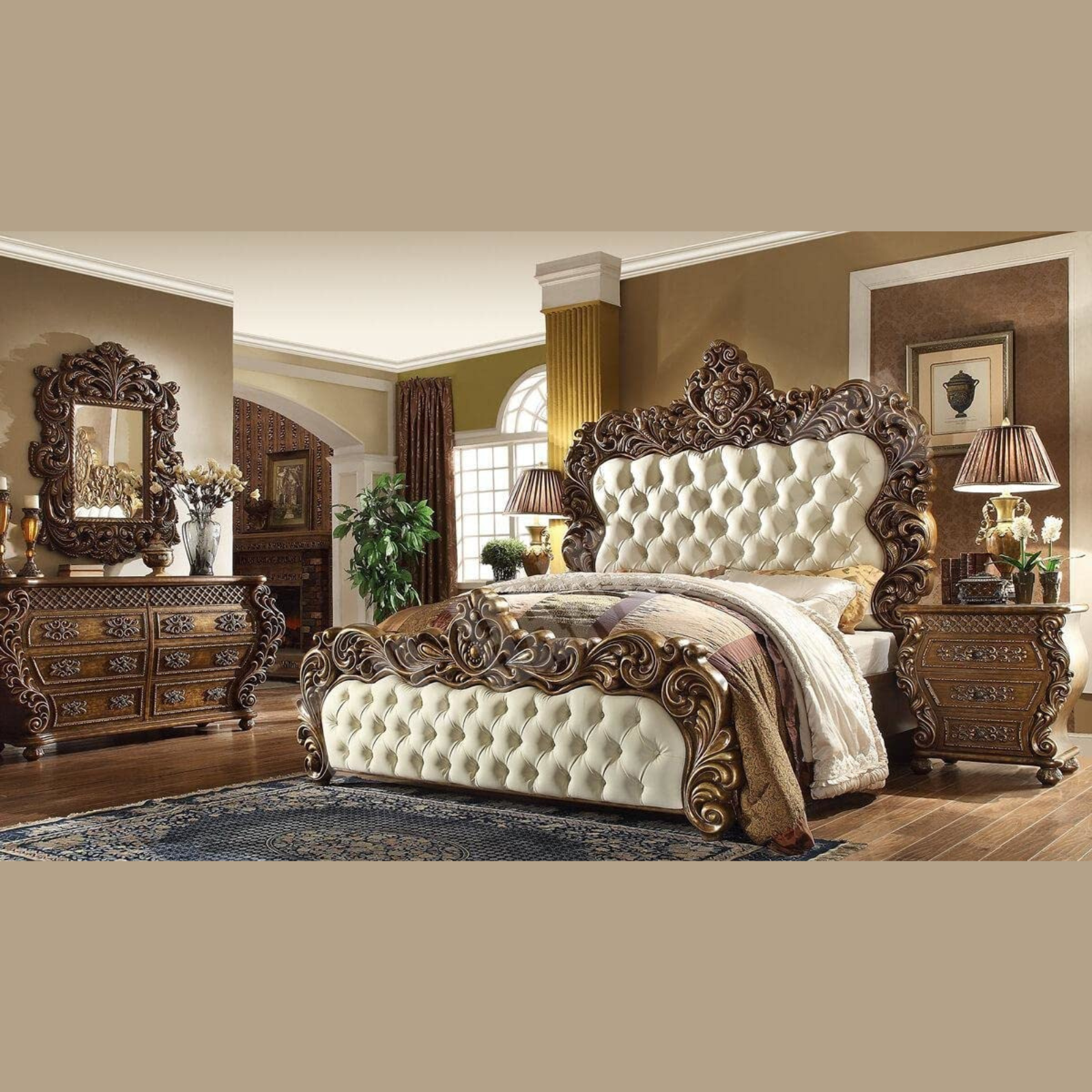 Majestic Teak Wood King Size Bed with 2 Side Tables, 1 Dressing Table, and Mirror Elegant Golden Finish Luxury Bedroom Furniture Set