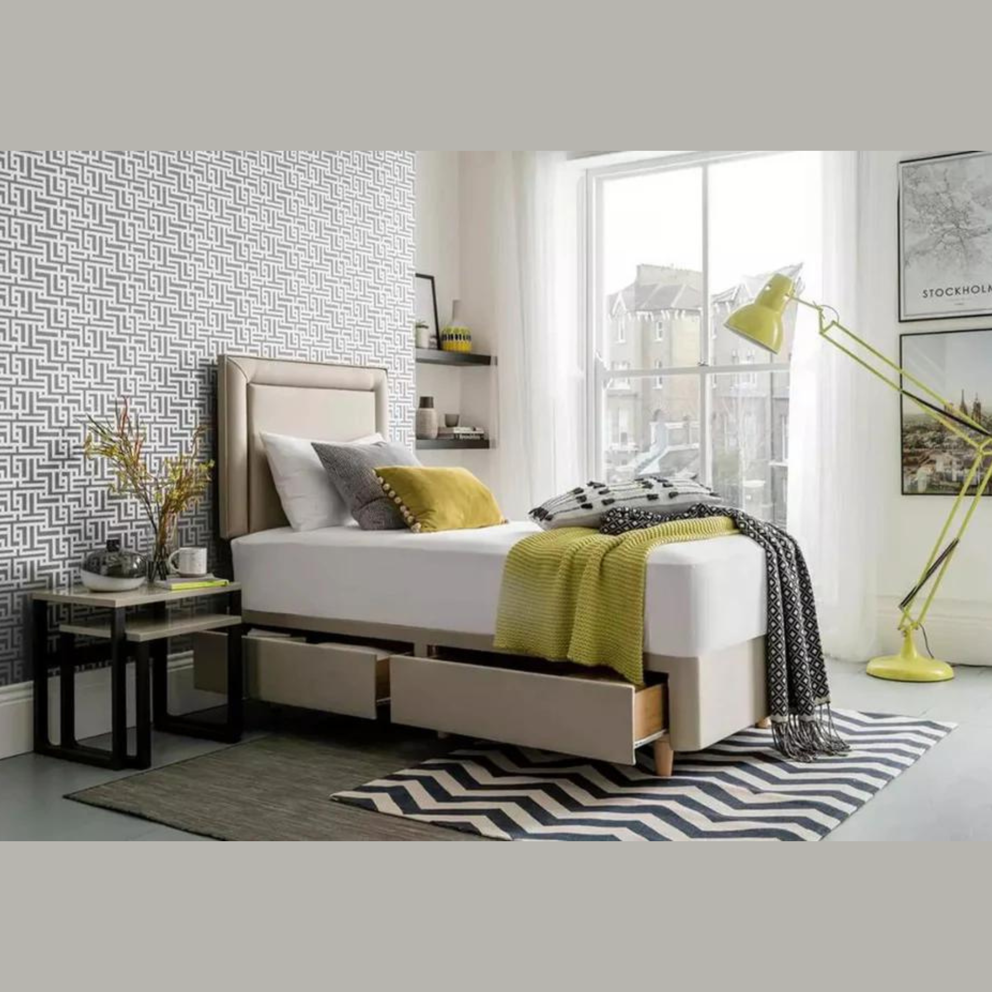 Traditional Handmade Teak Wood Rectangular Single Bed with 2 Drawers Handcrafted Solid Wood Bed Frame for Bedroom