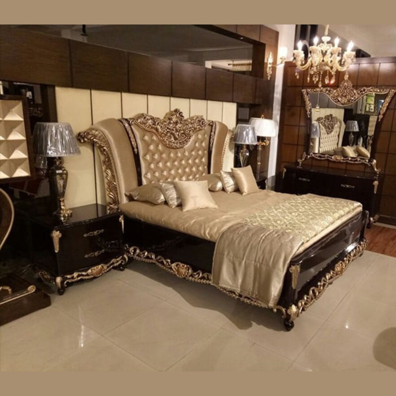 Absorb Hand Carved Teak Wood Button Tufted Rectangular King Size Bed Luxury Modern Bedroom Set