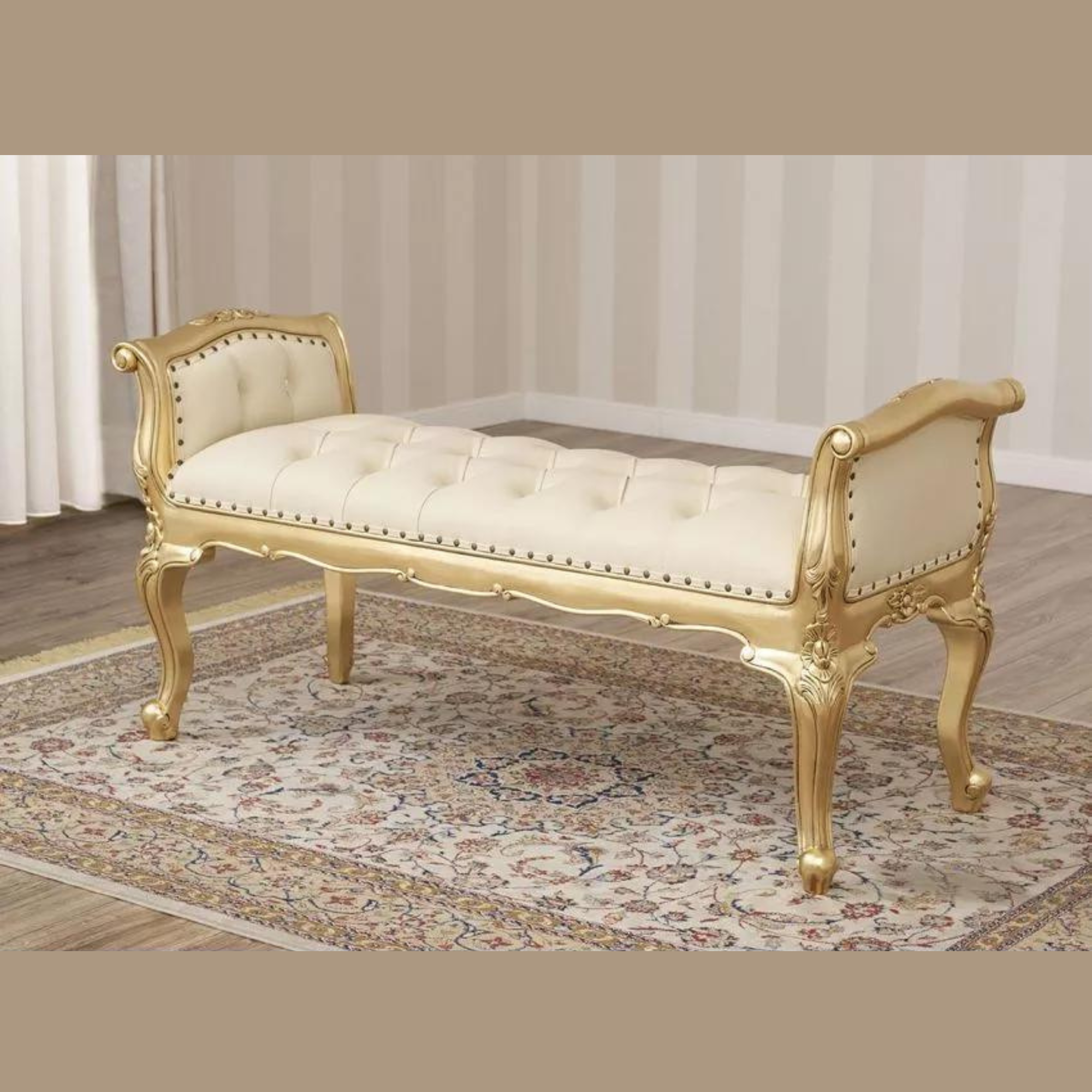 Carissa French Baroque Style Crystal Button Teak Wood Bench Hand Carved Antique-Inspired Seating for Elegant Living Room