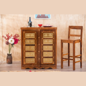 Majestic Brass Storing Handmade Teak Wood Bar Cabinet Stylish Look for Wine, Liquor, Glasses