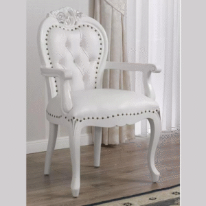 Natural Art & Crafts Modern Hand Carved Baroque Glossy and Silver Leaf White Faux Leather Crystal Sw Buttons Teak Wood Armchair