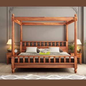 Bossy Royal Handmade Teak Wood Poster Bed with Matching 2 Bedside Table ( Honey Finish )