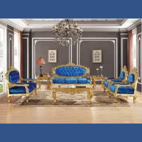 Royal Antique Gold Hand Carved Teak Wood 3+2+1+1 with Center Table 7 Seater Sofa Set ( Blue )