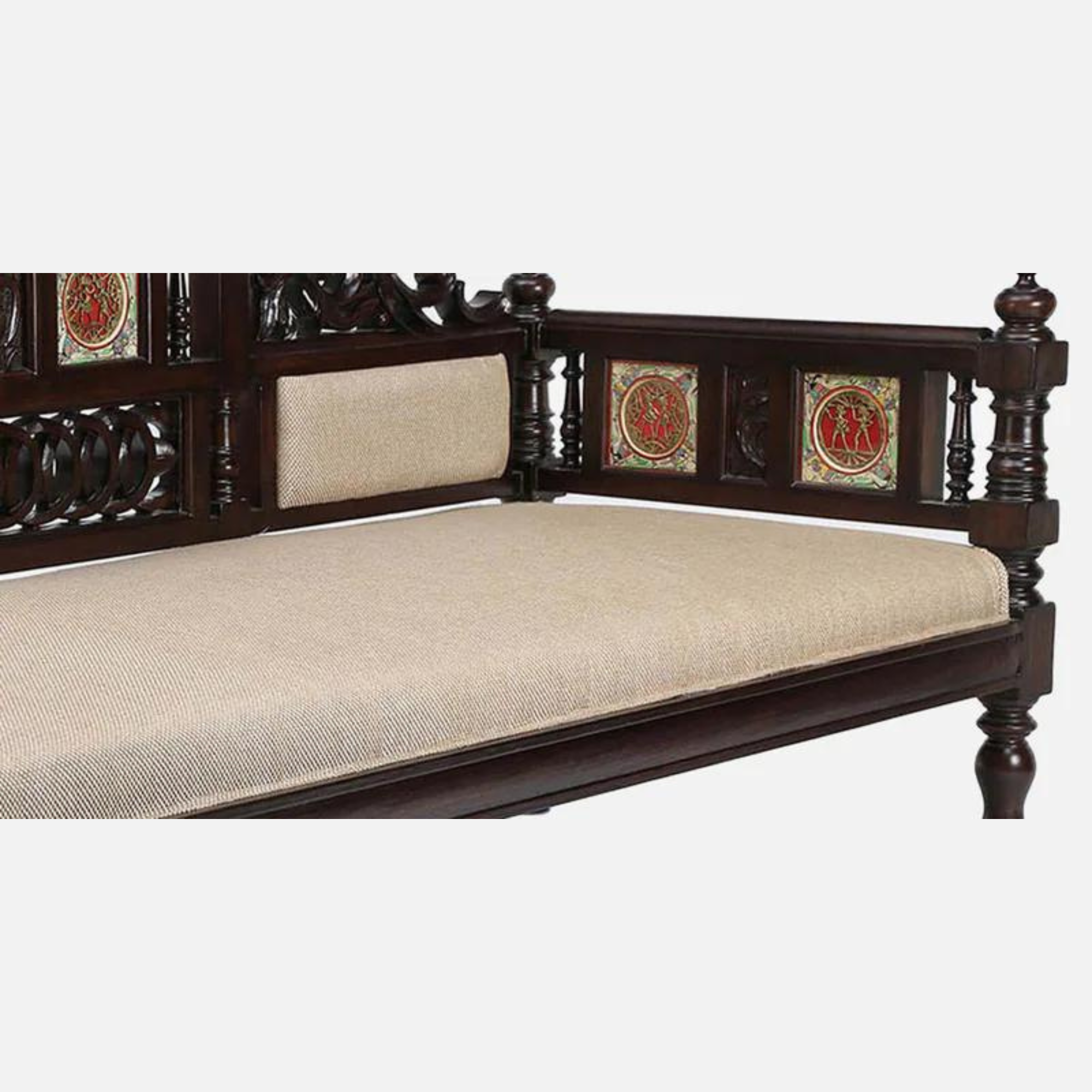 Natural Art & Crafts Maharaja Hand Carved Teak Wood 3 Seater Diwan Sofa Bed Rectangular Multi-Purpose Wooden Sofa for Living Room & Bedroom - Image 3