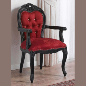 Natural Art & Crafts Amalia Hand Carved Baroque Glossy and Black Leaf Velvet Fabric Crystal Sw Buttons Teak Wood Armchair