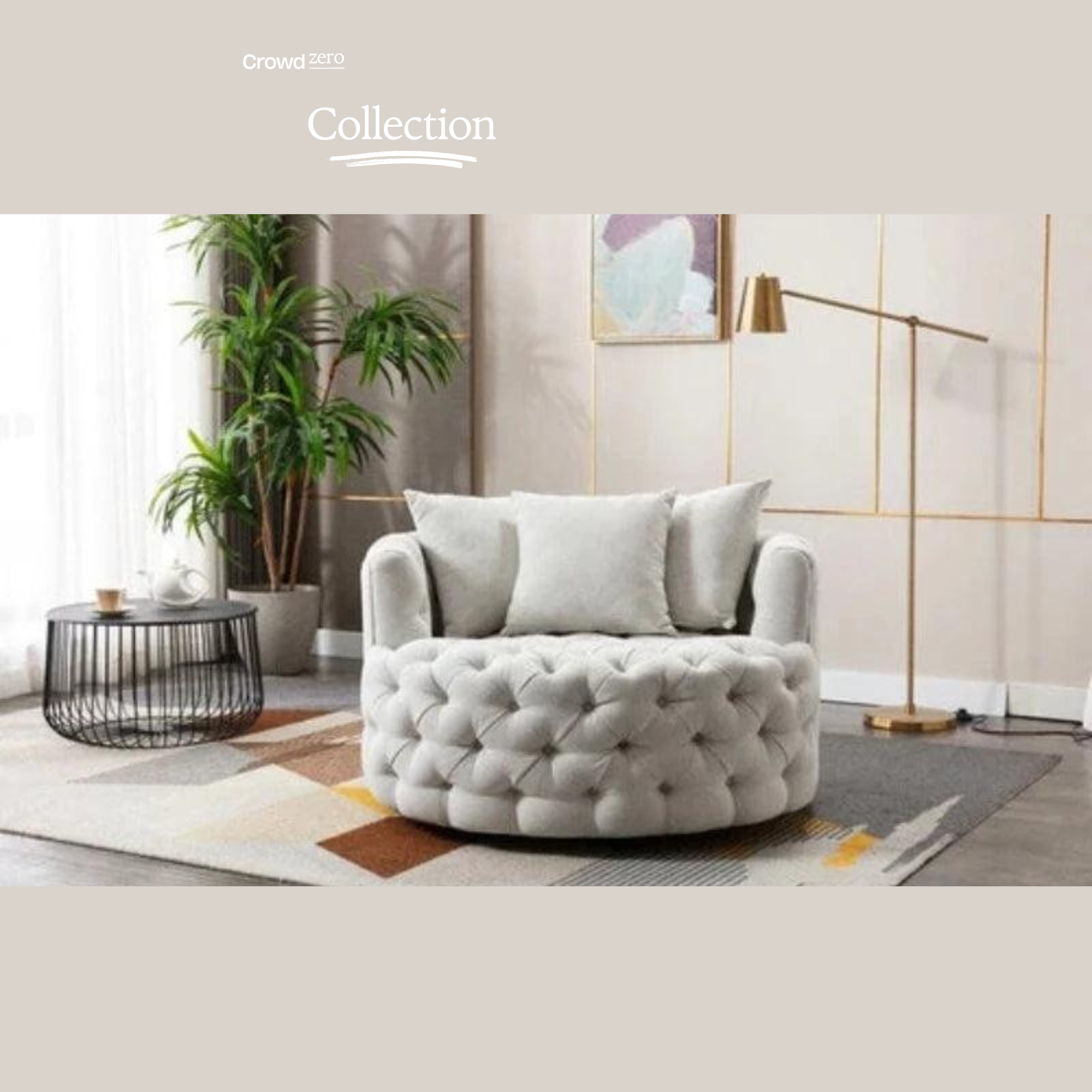 Barrel Button Tufted Design Modern Round Sofa For Living Room with 3 Pillows ( White )