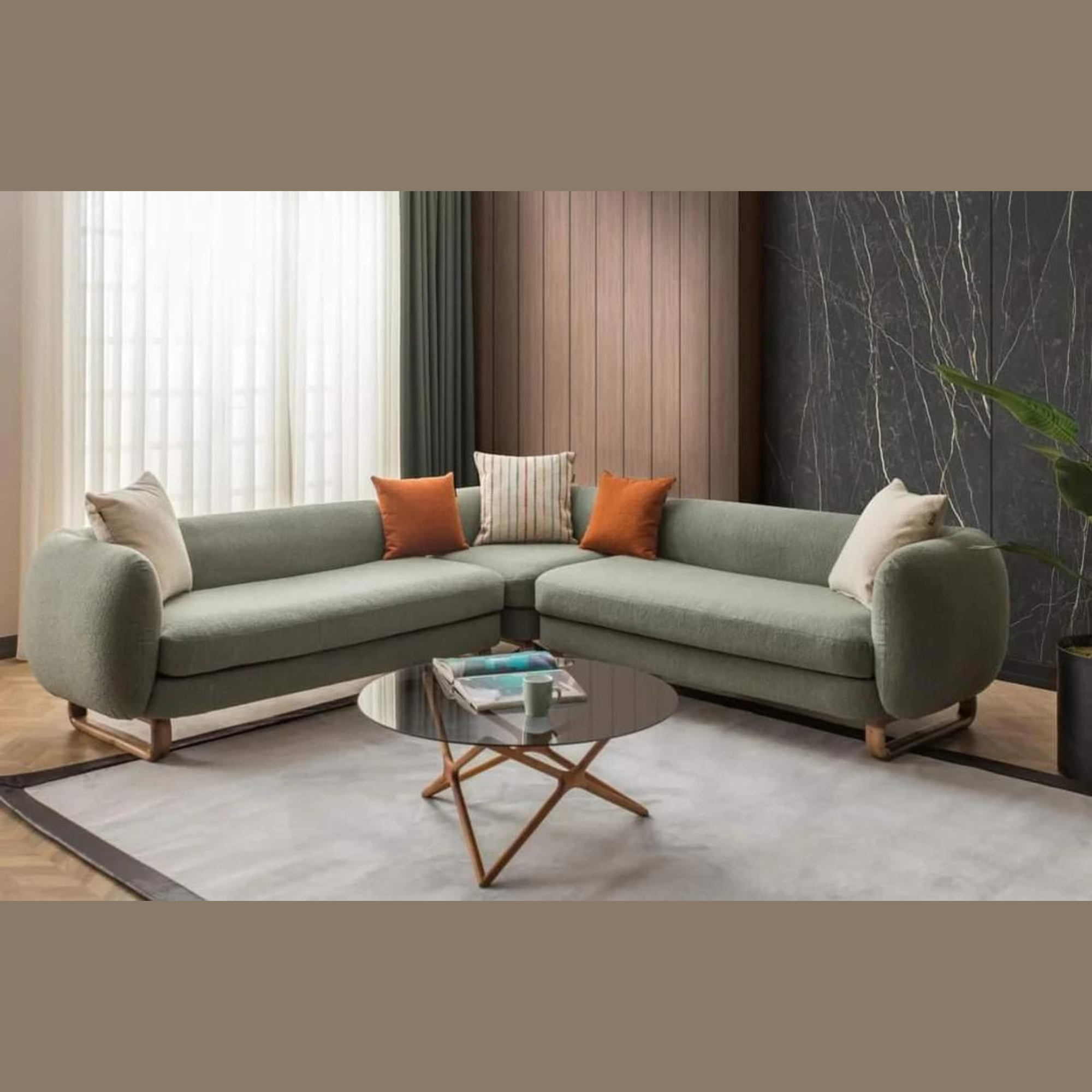 Modern Stylish Left-Side L Shape 8 Seater Sofa For Lobby In Teak Finish 5+3 with 1 Chair