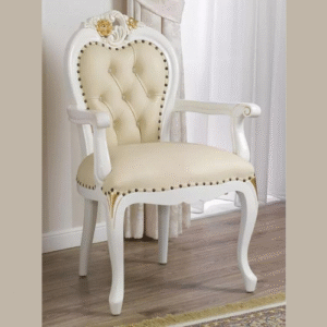 Natural Art & Crafts Amalia Hand Carved Baroque Ivory and Gold Leaf Champagne Faux Leather Crystal Sw Buttons Teak Wood Armchair