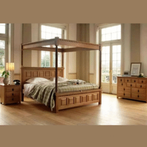 Classic Royal Hand Carved Teak Wood Poster Bed with 2 Bedside Table and 1 Cabinet