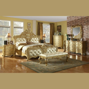 Imperial Teak Wood King Size Bed with 2 Side Tables, 1 Dressing Table, and Mirror Elegant Luxury Bedroom Furniture Set ( Golden Finish )