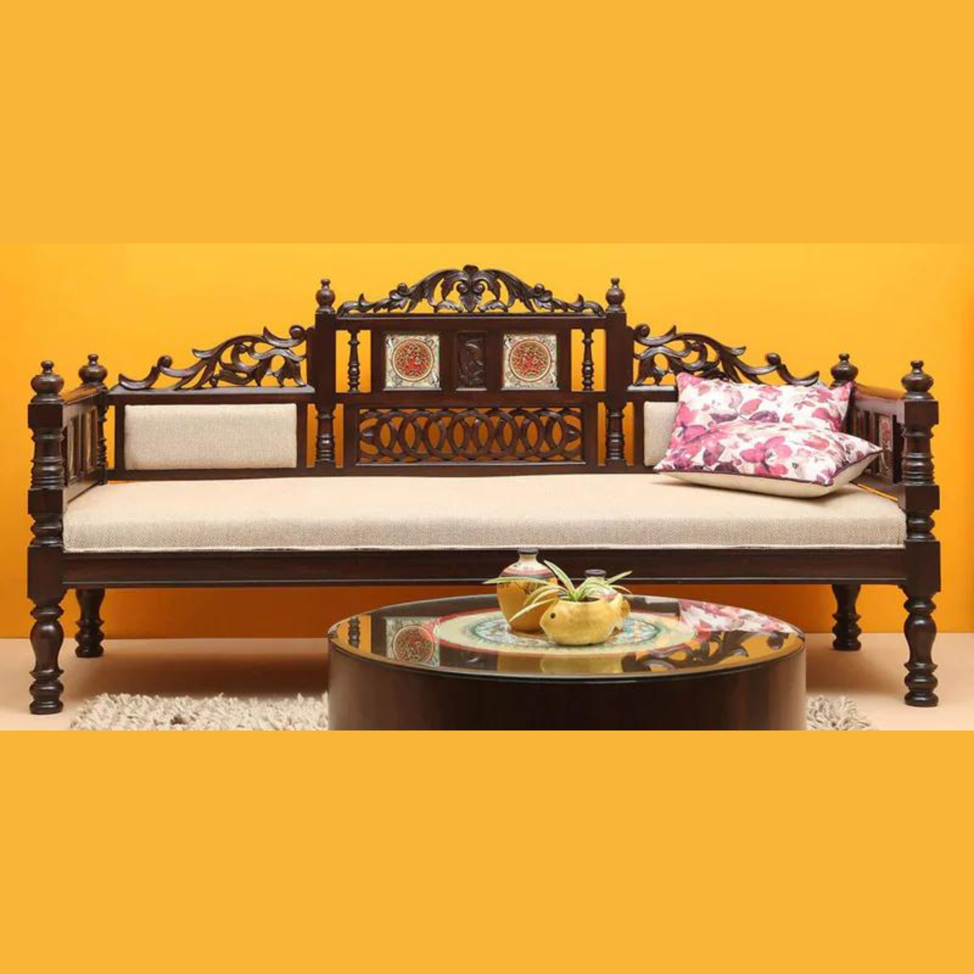 Natural Art & Crafts Maharaja Hand Carved Teak Wood 3 Seater Diwan Sofa Bed Rectangular Multi-Purpose Wooden Sofa for Living Room & Bedroom
