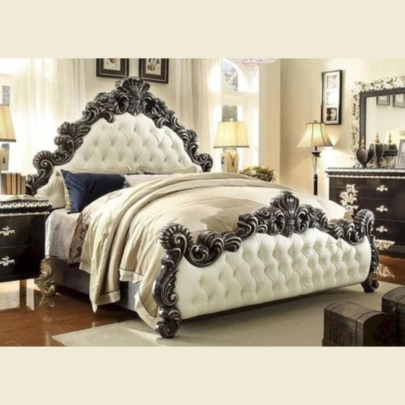 Royal Luxurious Hand Carved Teak Wood King Size Bed with Storage ( Golden )