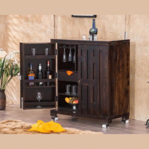 Willy Storing Handmade Teak Wood Bar Cabinet Stylish Open Doors Look for Wine, Liquor, Glasses ( Walnut Finish )