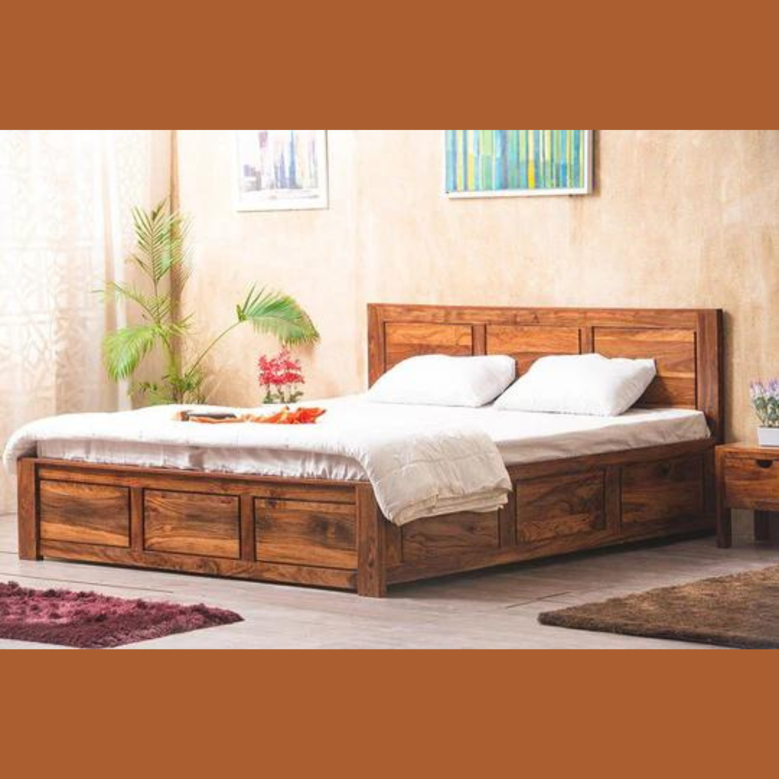 Essential Teak Wood Hydraulic Storage King Size Bed Modern Space Saving Design with Elegant Finish