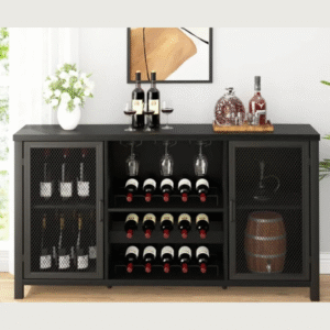 Adelyn Handmade Teak Wood Bar Cabinet Stylish Liquor and Wine Storage Cabinet for Glasses and Bottles Modern (Black)
