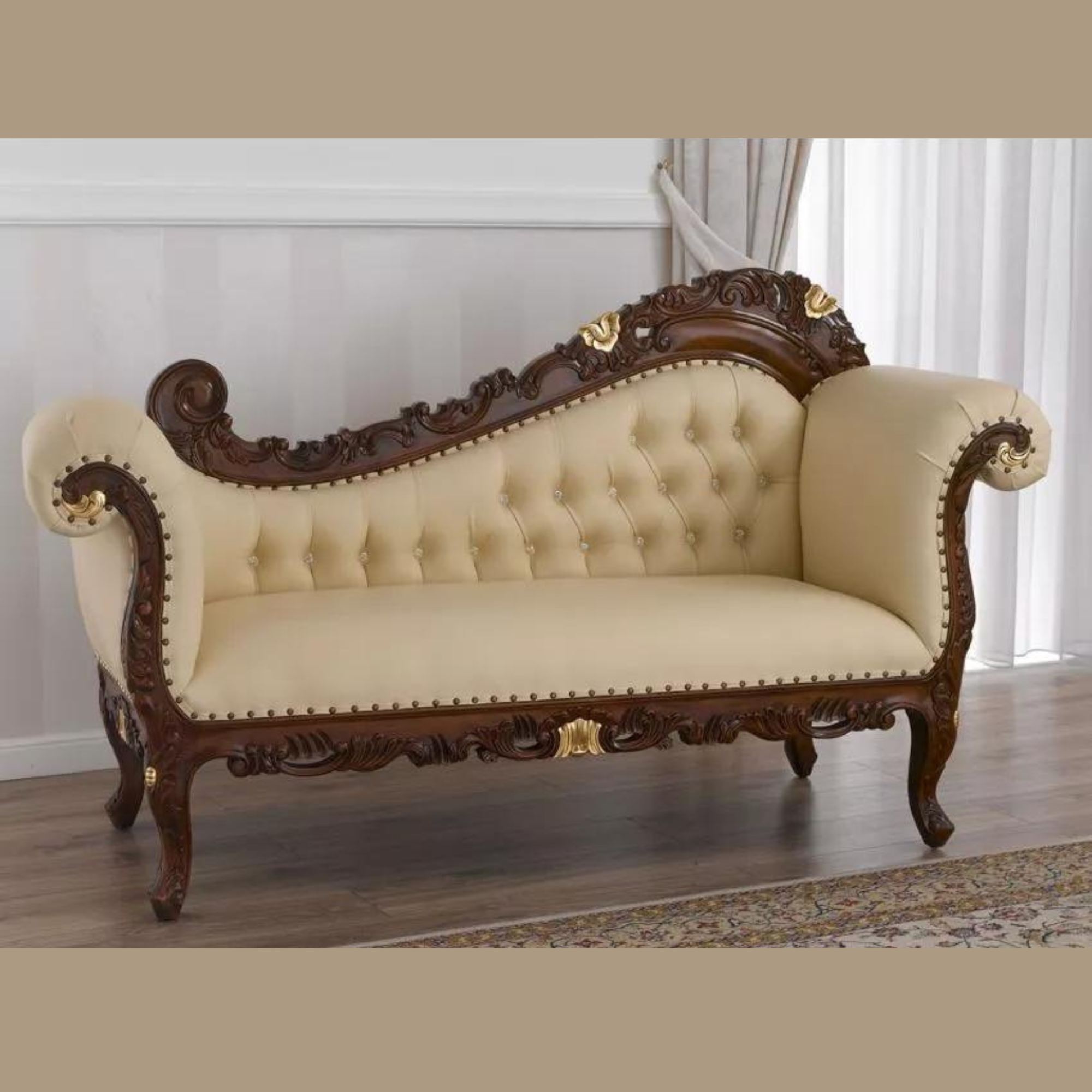 Alejandra Hand Carved Teak Wood Leatherette 3-Seater Chaise Longue Sofa In Walnut Finish ( Beige )
