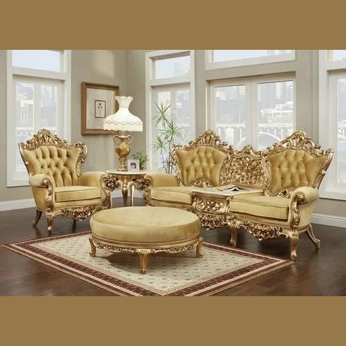 Luxury Antique Hand Carved Teak Wood Sofa Set 3+1 with Ottoman and 1 Side Table, Elegant Vintage Living Room
