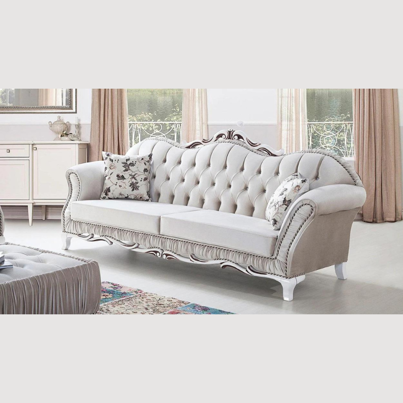 Hand Craved Estilo Tufted Teak Wood 3 Seater Sofa Set ( Silver )