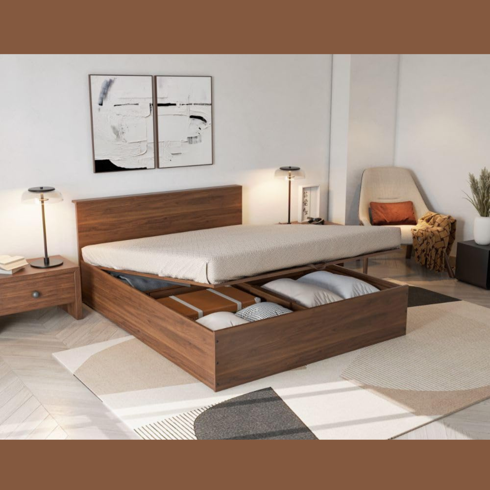 Delish Teak Wood Hydraulic Storage King Size Bed Modern Space Saving Design with Elegant Finish