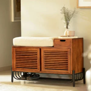 Stylish Teak Wood Shoe Rack with Drawer and Cushion Space-Saving Shoe Storage Organizer for Entryway & Hallway