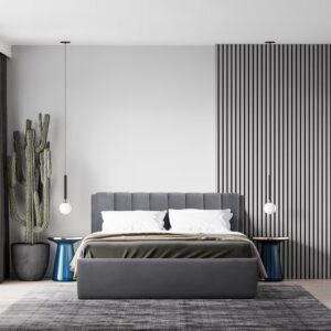 Antho Luxurious Velvet Upholstered King Size Bed Premium Teak Wood Frame ( Grey )