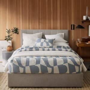 Vertical Teak Wood Upholstered Wingback King Size Bed Elegant Design for Master Bedroom