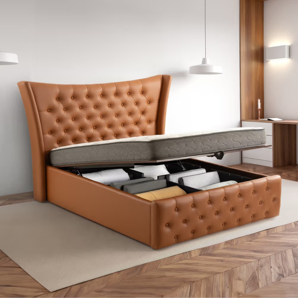 Lovejoy Button Tufted Leatherette Hydraulic Storage King Size Bed for Luxury Bedroom